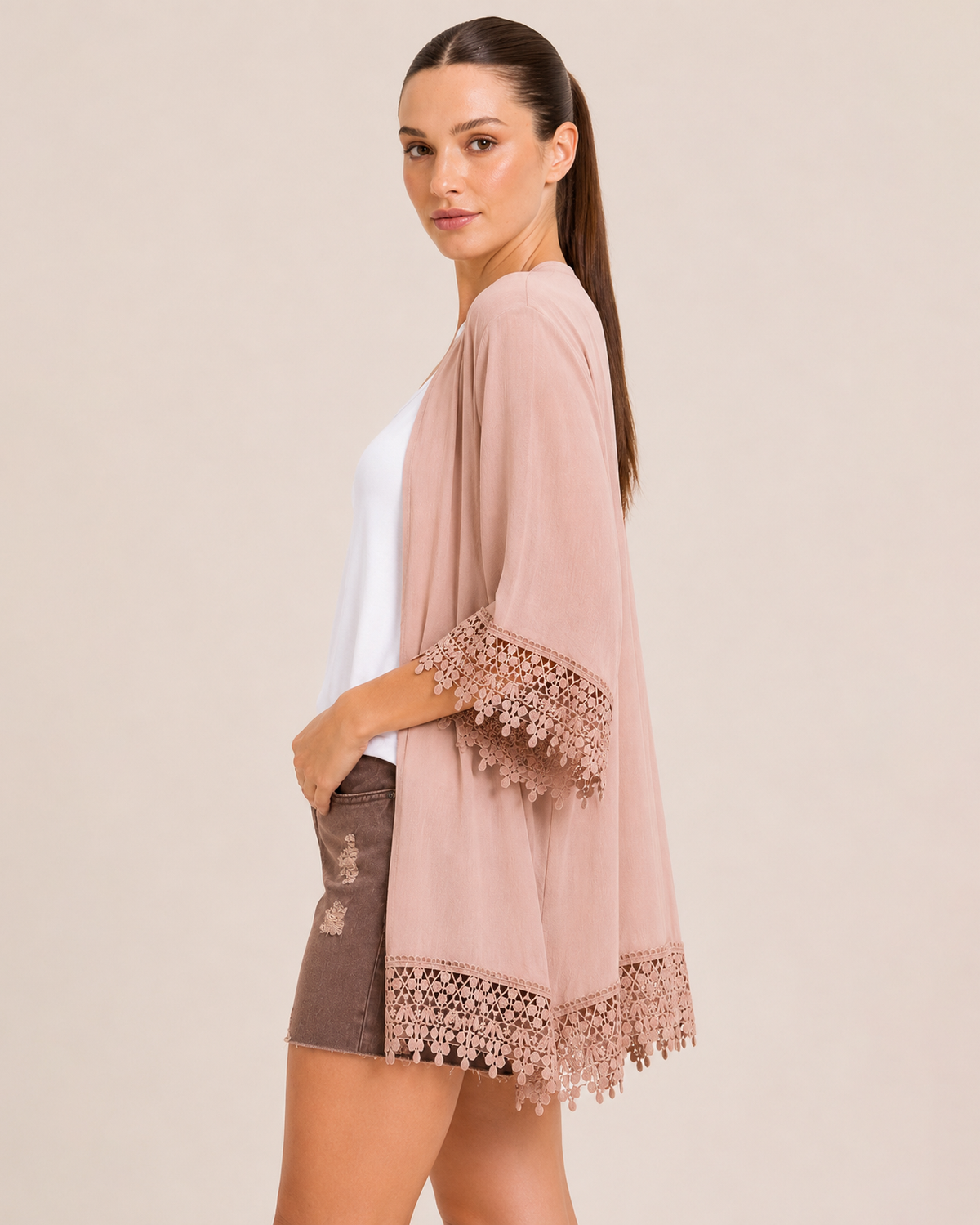 Delicate Detail Lace Trim Kimono
