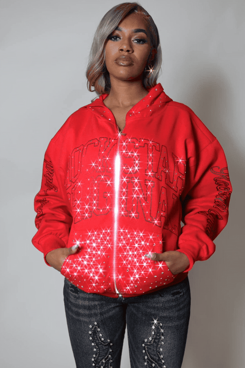 Alvina Red Rhinestone Zip Up Hoodie