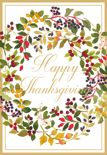 Happy Thanksgiving Card - Autumn Berry Wreath with gold foil - Caspari