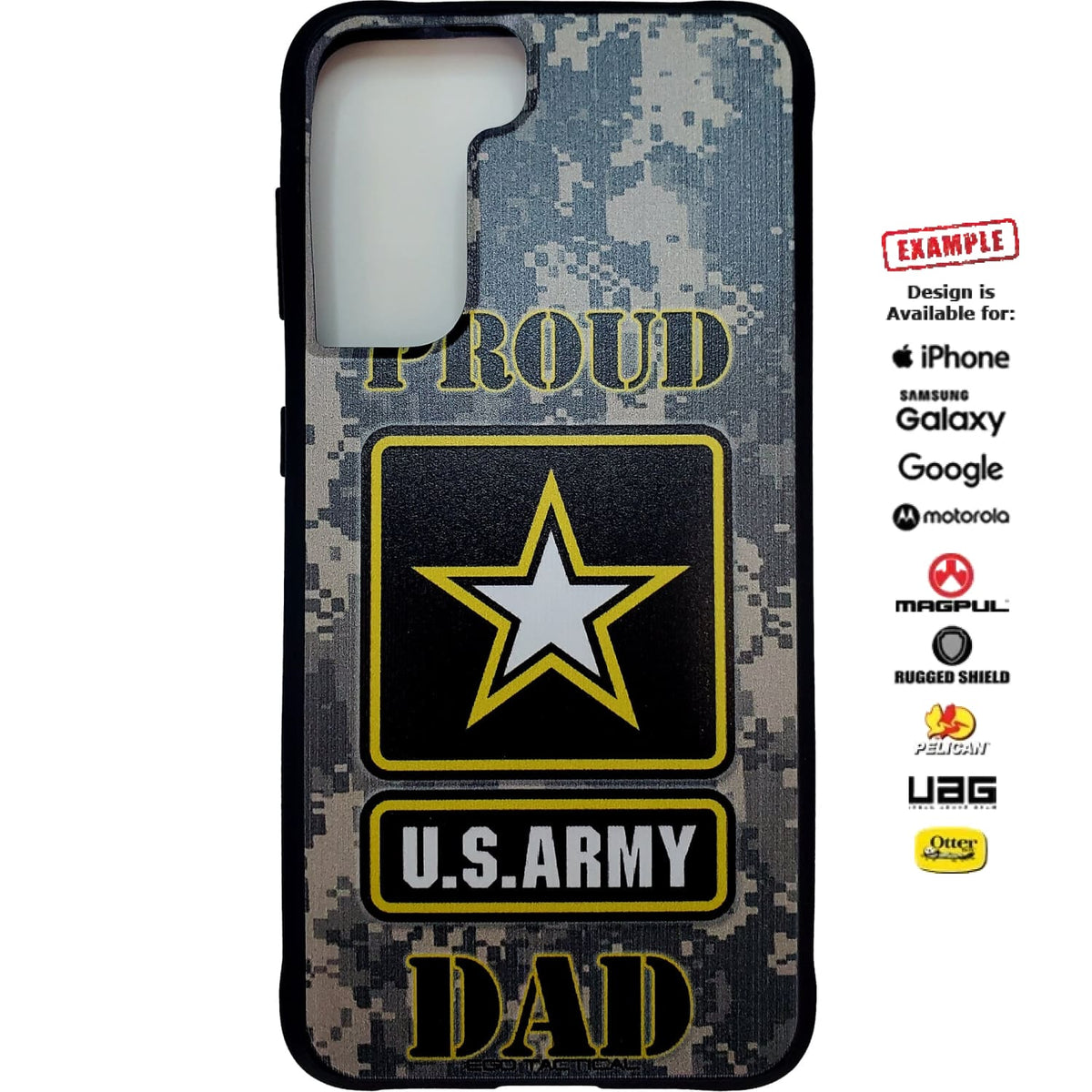 CLEARANCE - Custom Printed Samsung Galaxy S21 pROUD ARMY DAD Misprint into Camera hole Design on Pelican Ranger Black