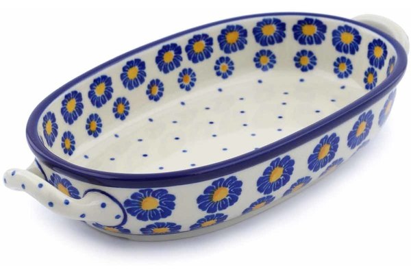 9" Oval Baker with Handles Blue Zinnia - Polish Pottery- Ceramika Artystyczna