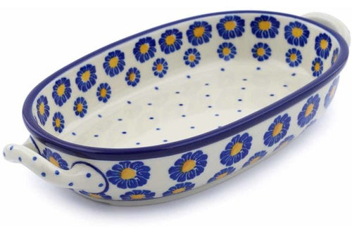 9" Oval Baker with Handles Blue Zinnia - Polish Pottery- Ceramika Artystyczna