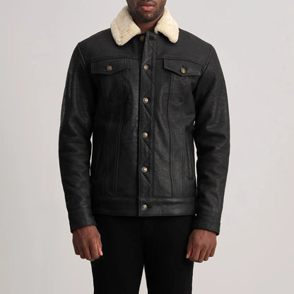 Dallis Distressed Black Leather Shearling Trucker Jacket