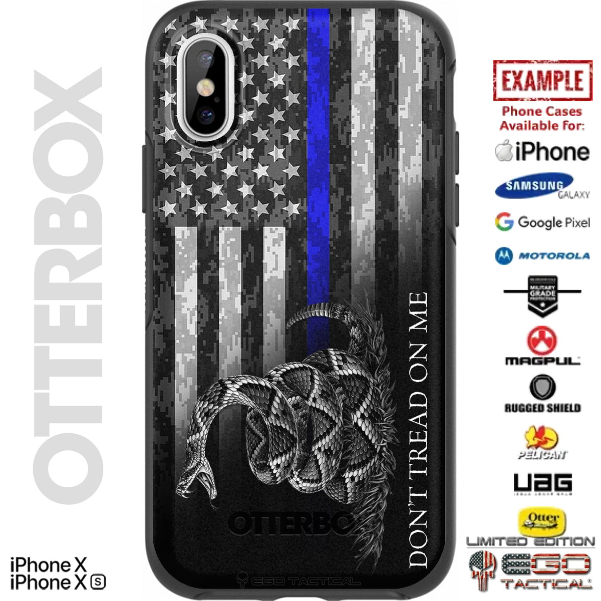 Don't Tread on Me Flag Black Thin Line Camo Flag Rev Custom Printed Case Design for Apple, Samsung, Google & Motorola Phone Models