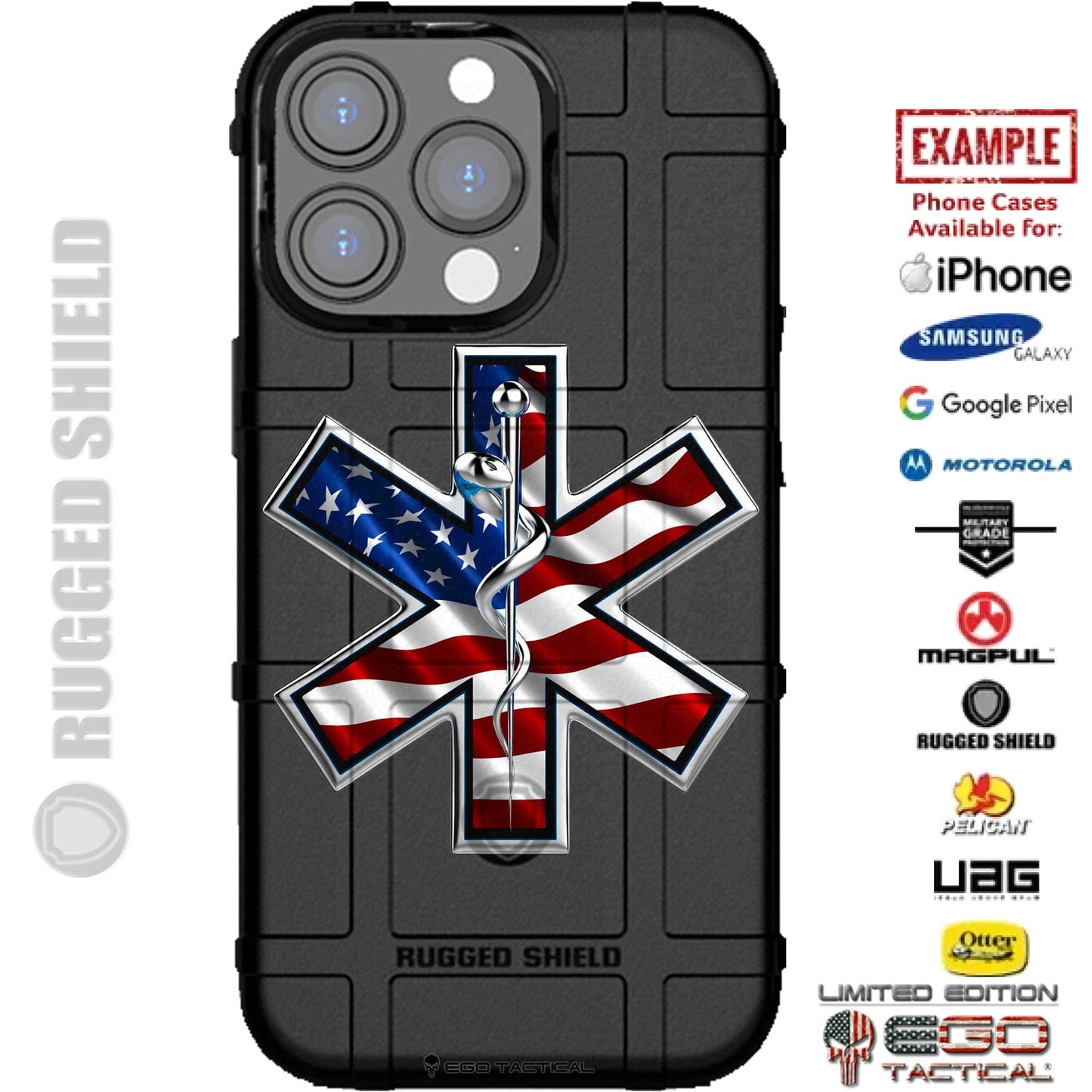 EMS Chrome Star of Life Medic Patch on US Flag Custom Printed Case Design for Apple, Samsung, Google & Motorola Phone Models