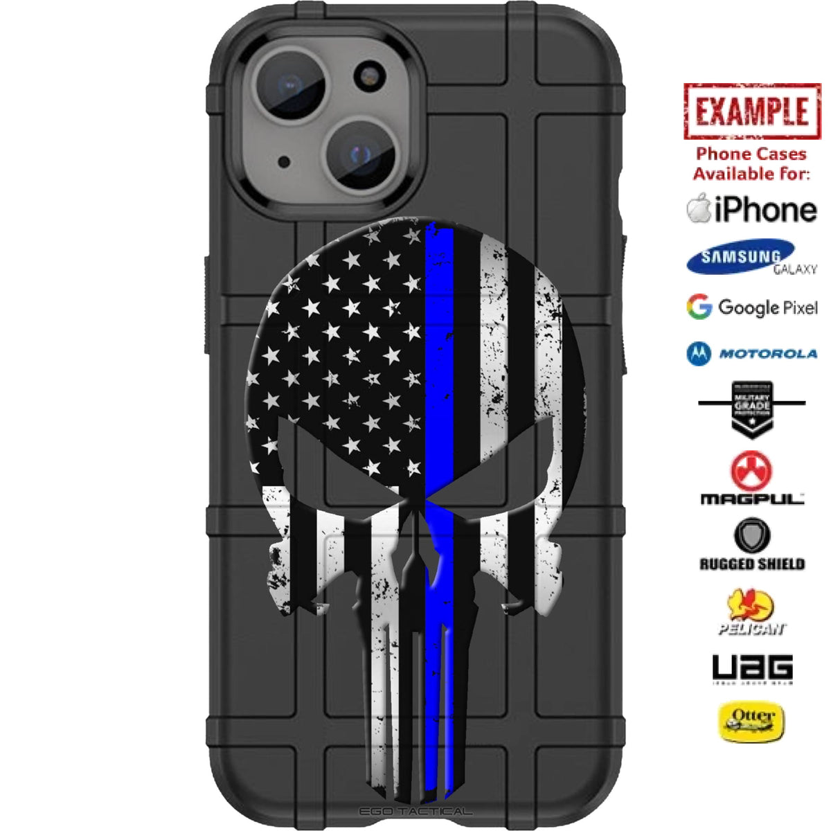 Subdued American Flag Punisher, Thin Blue Line Custom Printed Case Design for Apple, Samsung, Google & Motorola Phone Models