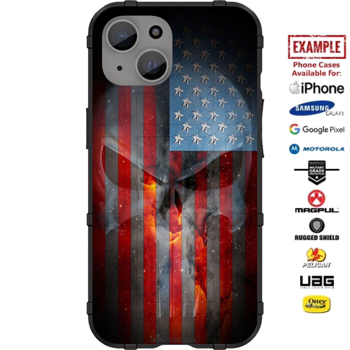Ghosted Punisher US Flag Custom Printed Case Design for Apple, Samsung, Google & Motorola Phone Models