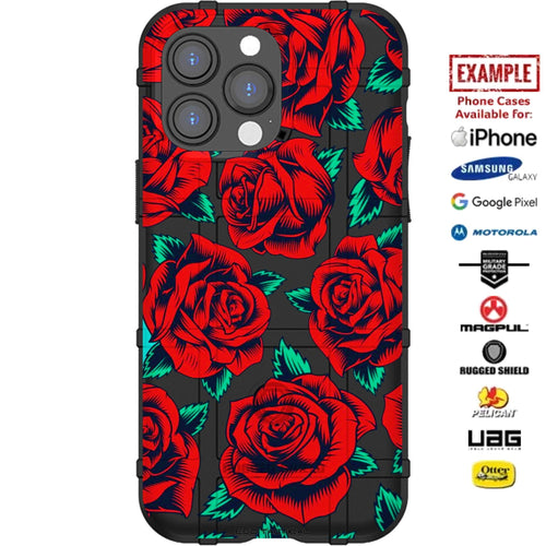 Red Roses on Black or OD Green Custom Printed Case Design for Apple, Samsung, Google & Motorola Phone Models