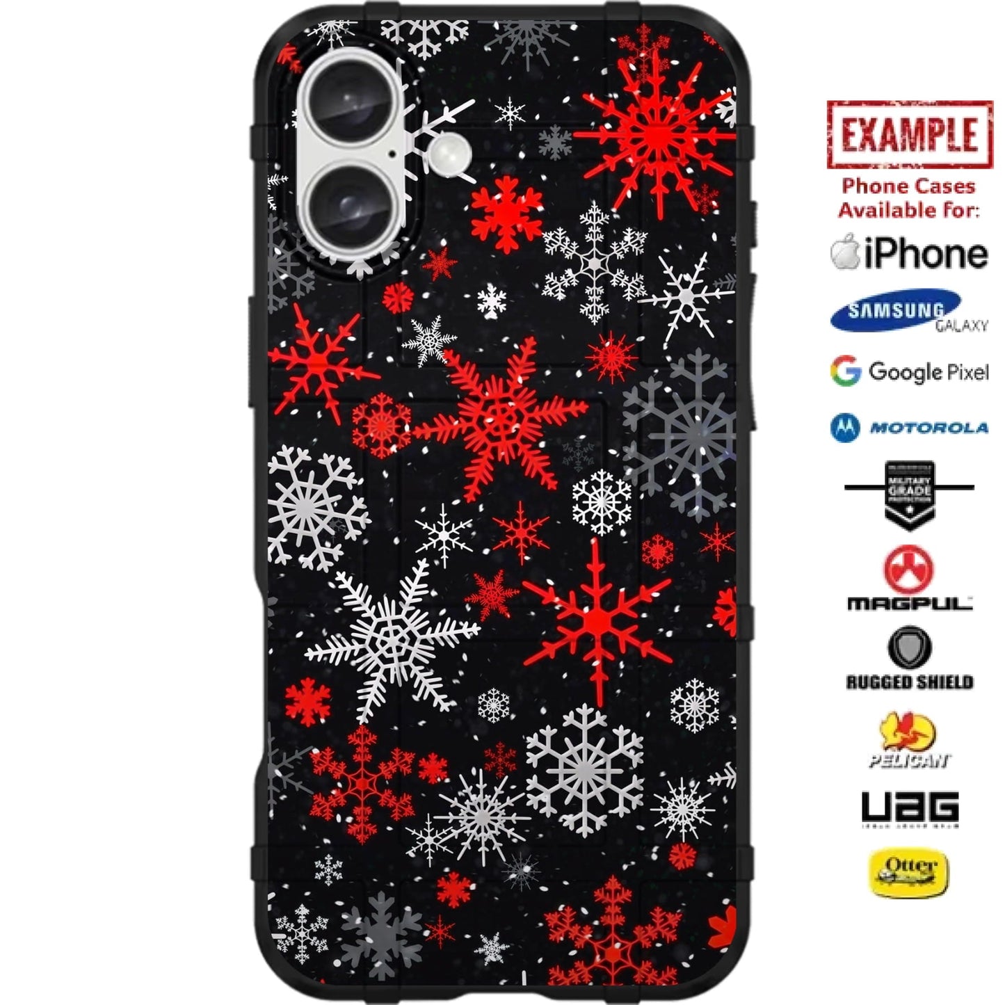 Christmas Black Red White Snowflakes Design Custom Printed Case Design for Apple, Samsung, Google & Motorola Phone Models