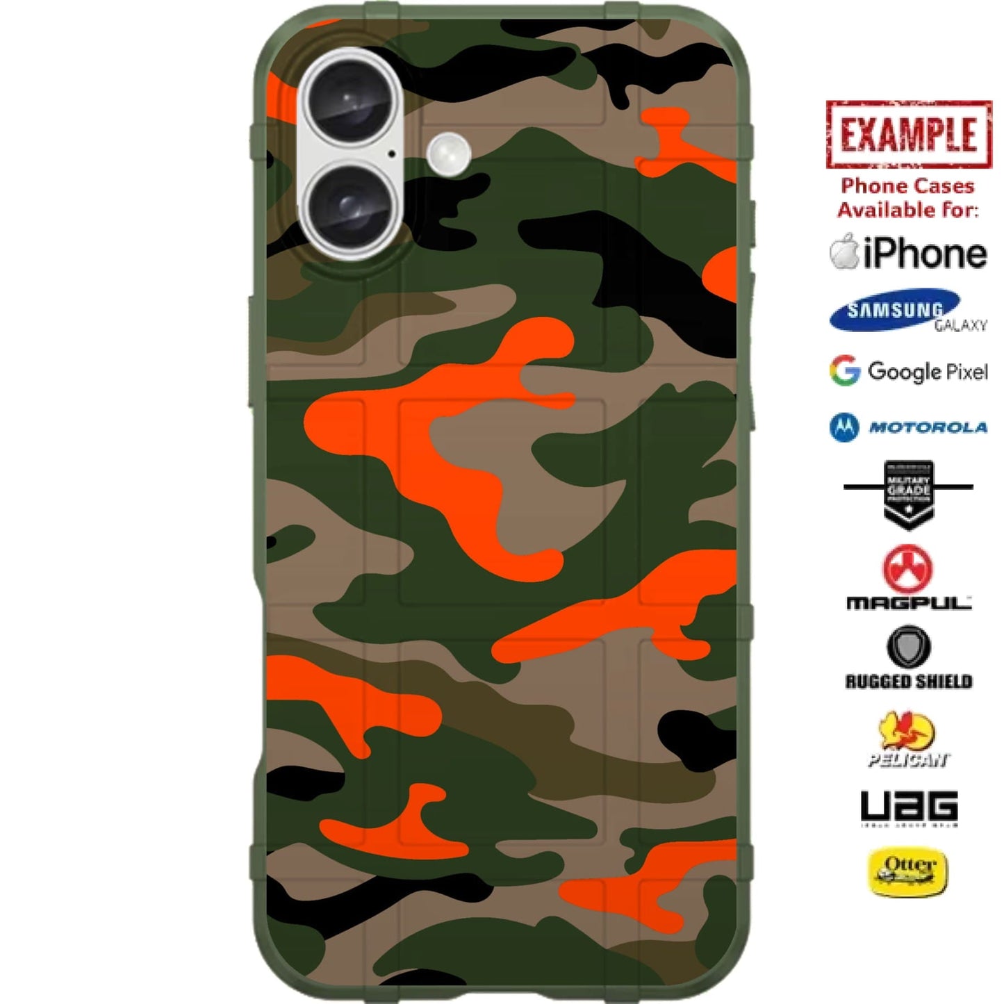 Orange Green Woodland Camouflage Custom Printed Case Design for Apple, Samsung, Google & Motorola Phone Models