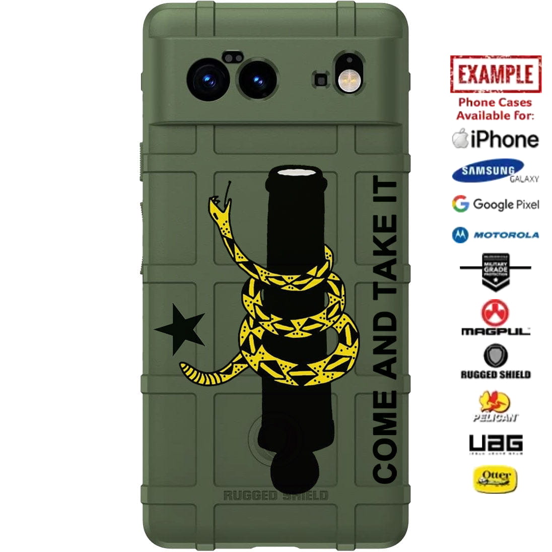 Battle of Gonzales, Come and Take It Cannon Star with Gadsden Snake Custom Printed Case Design for Apple, Samsung, Google & Motorola Phone Models