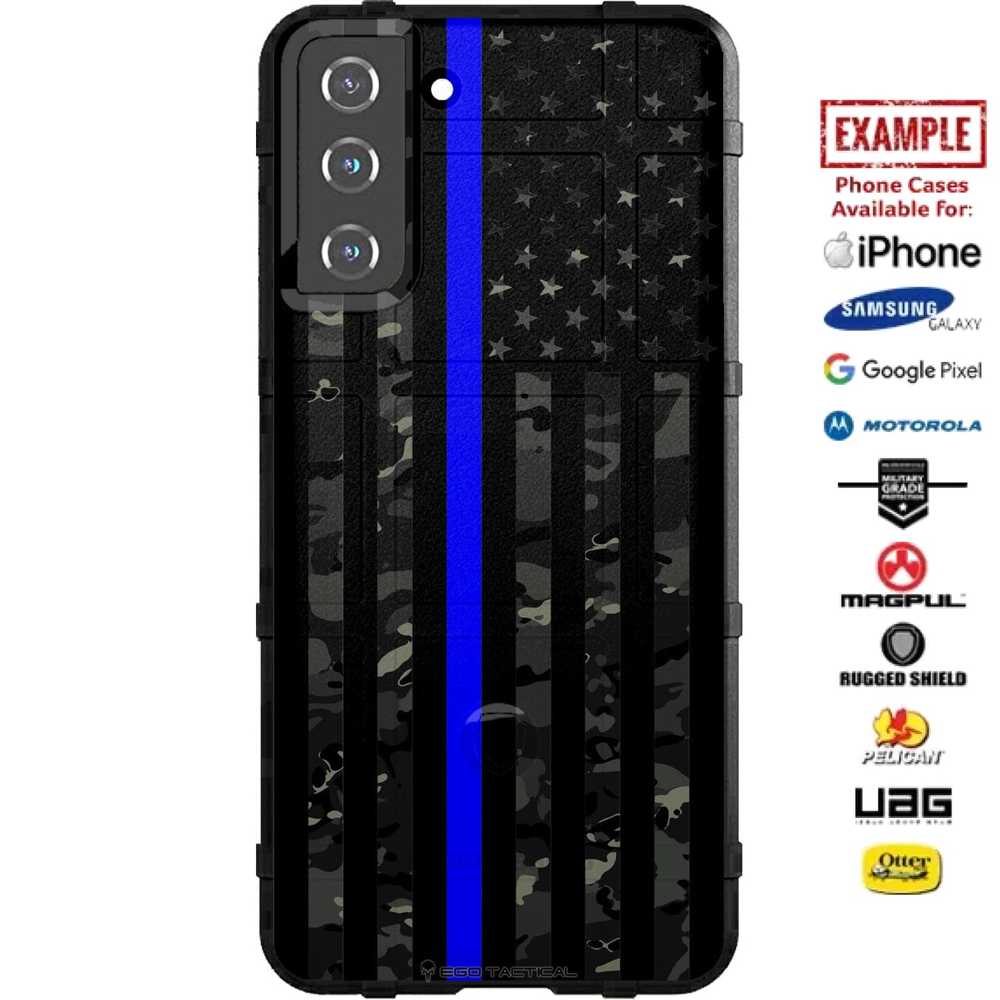 Black Multicam Camouflage, Subdued US American Flag Thin Blue Line Police Custom Printed Case Design for Apple, Samsung, Google & Motorola Phone Models