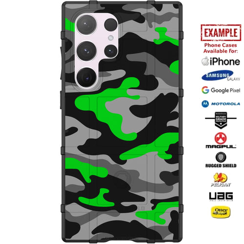 Green Black Woodland Camouflage Custom Printed Case Design for Apple, Samsung, Google & Motorola Phone Models