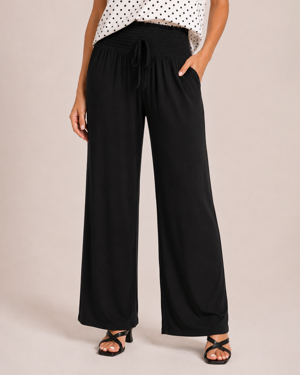 Smocked Wide Leg Pants in Black