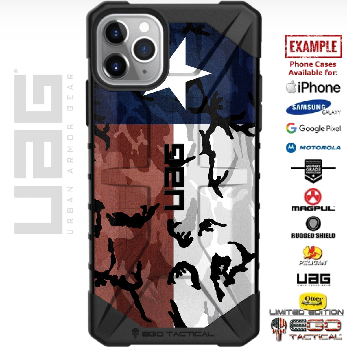 Camouflage Texas State Flag Custom Printed Case Design for Apple, Samsung, Google & Motorola Phone Models [Color or Subdued]