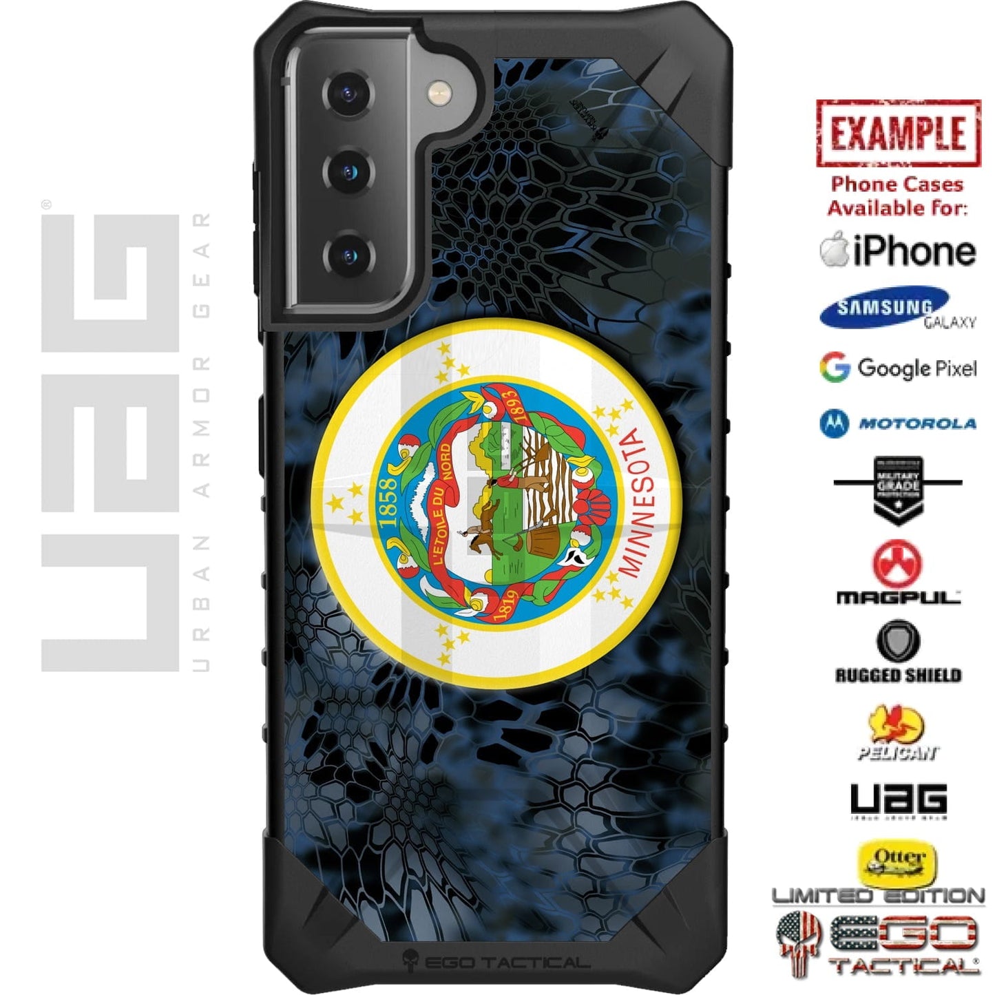 Minnesota State Flag on Kryptek Camo Custom Printed Case Design for Apple, Samsung, Google & Motorola Phone Models
