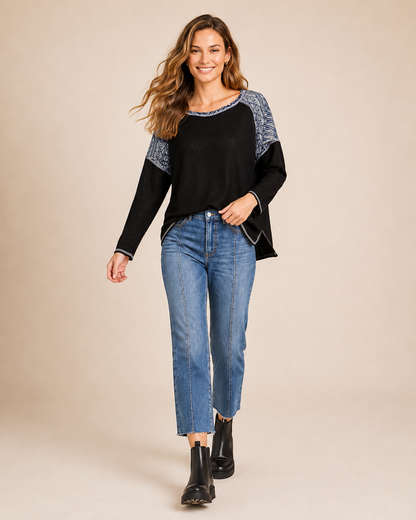Weekend Comfort Long Sleeve Waffle Top in Black