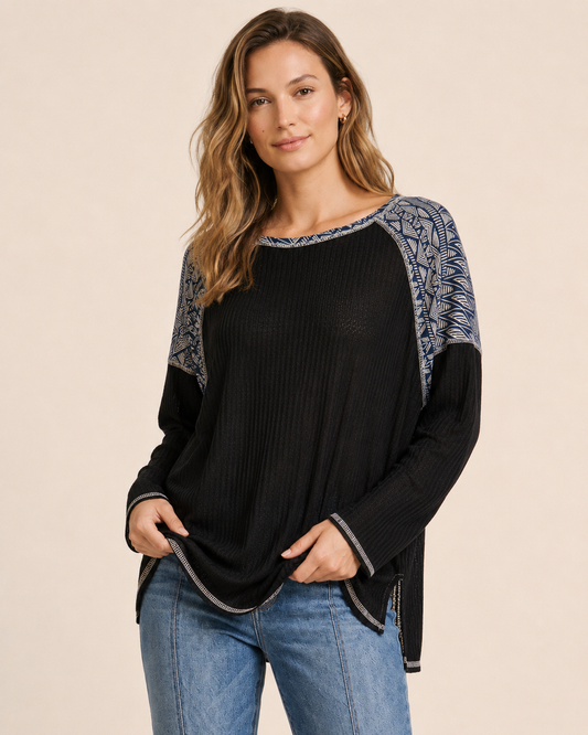 Weekend Comfort Long Sleeve Waffle Top in Black