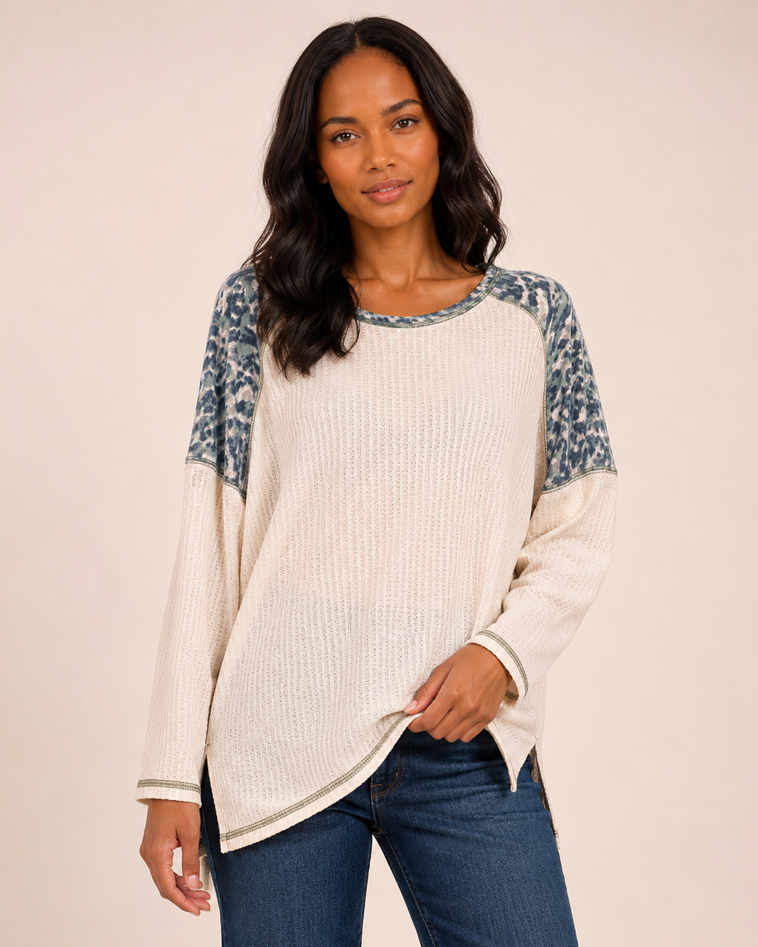 Weekend Comfort Long Sleeve Waffle Top in Oat