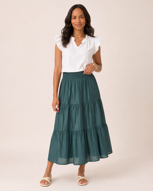 Weekend Escape Tiered Maxi Skirt in Ivy