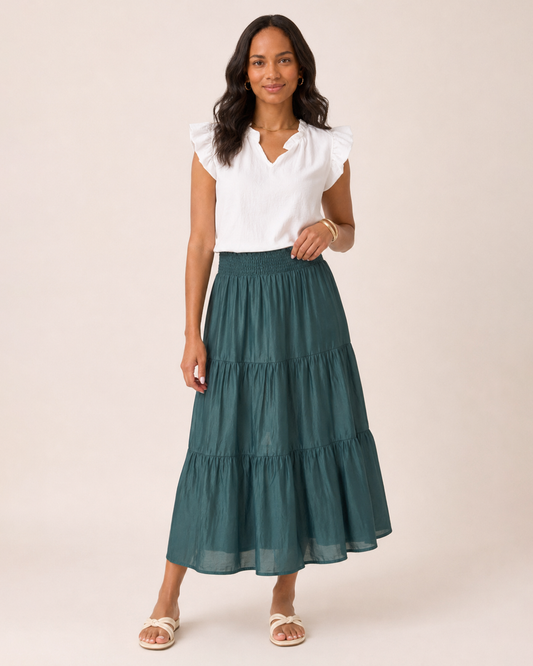 Weekend Escape Tiered Maxi Skirt in Ivy