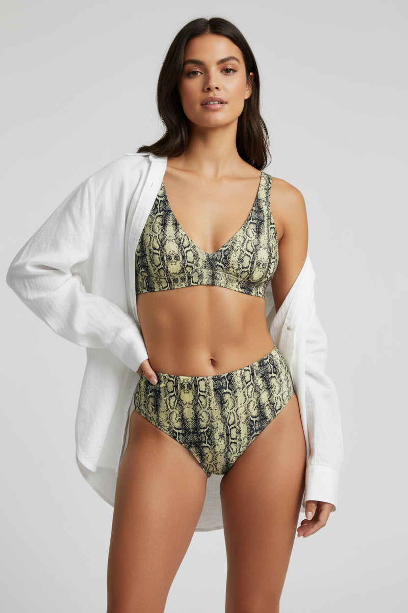 The Gymbum UK QuickDry Black Yellow Snake Print High-Waisted Bikini