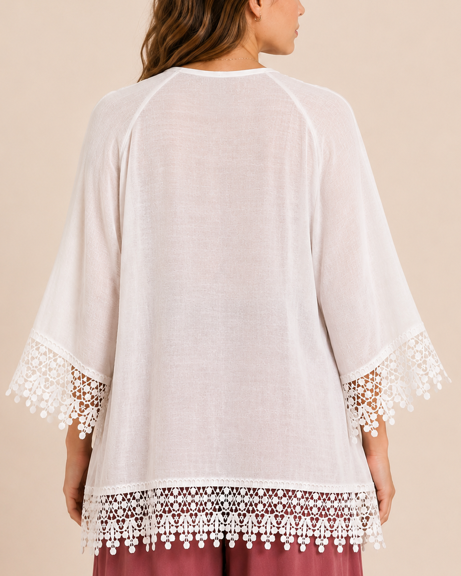 Delicate Detail Lace Trim Kimono in Ivory