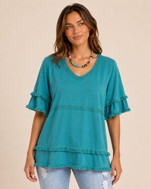 Free Spirit V-Neck Ruffle Sleeve Top in Peacock