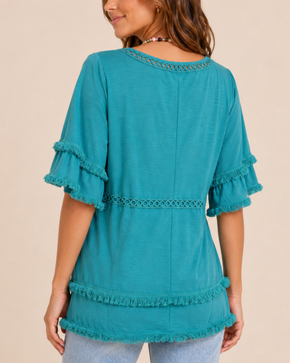 Free Spirit V-Neck Ruffle Sleeve Top in Peacock