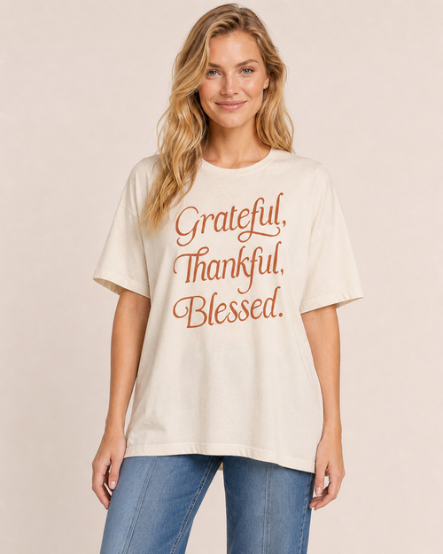Grateful, Thankful, Blessed Graphic Tee in Cream