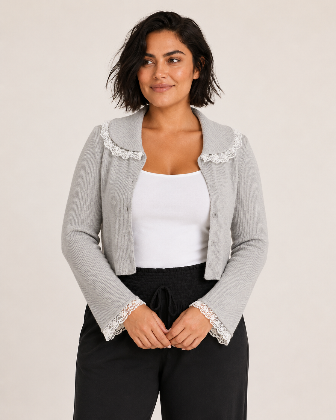 Lace Detail Flare Sleeve Knit Cardigan
