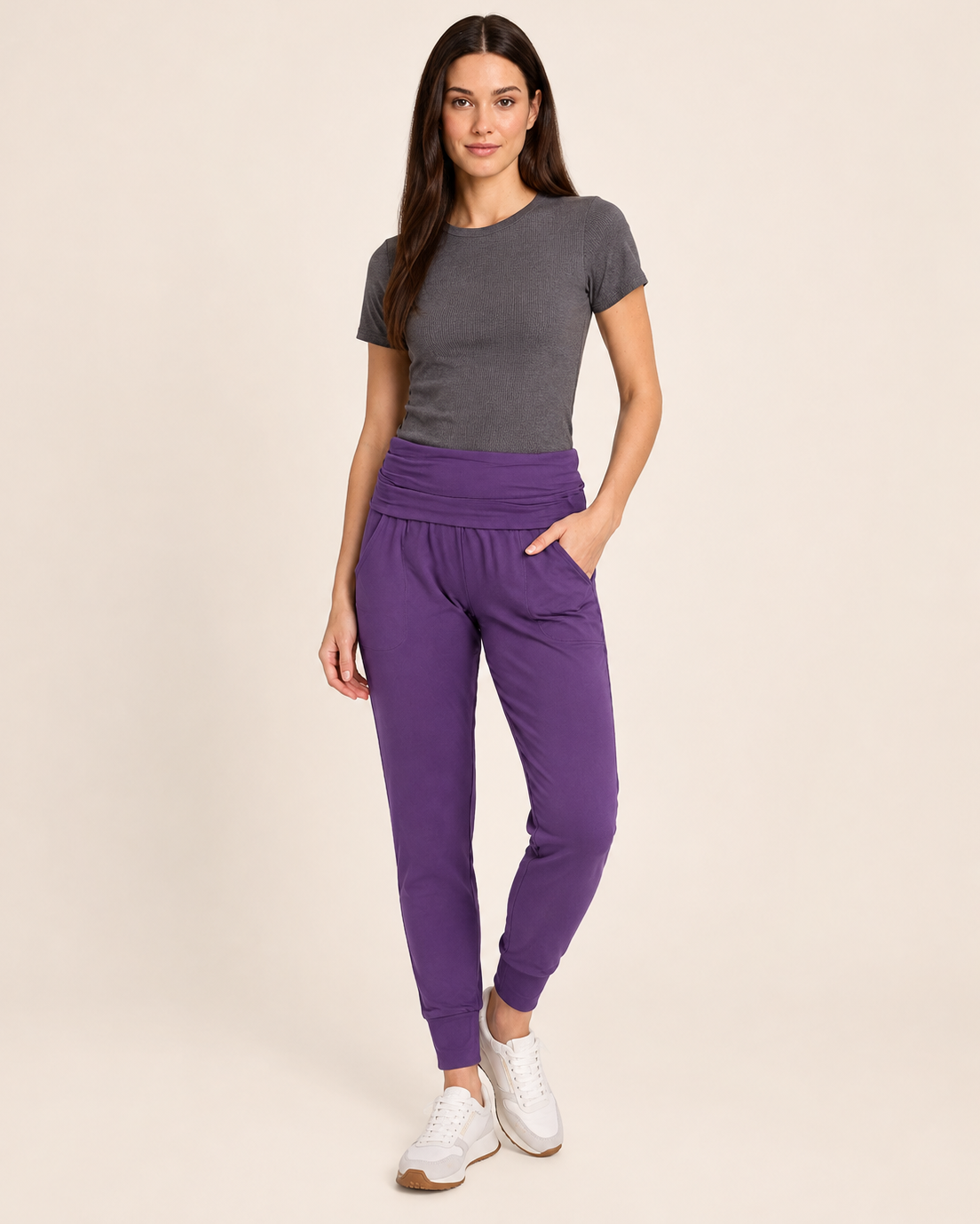 Live-In Foldover Waist Loggers in Eggplant