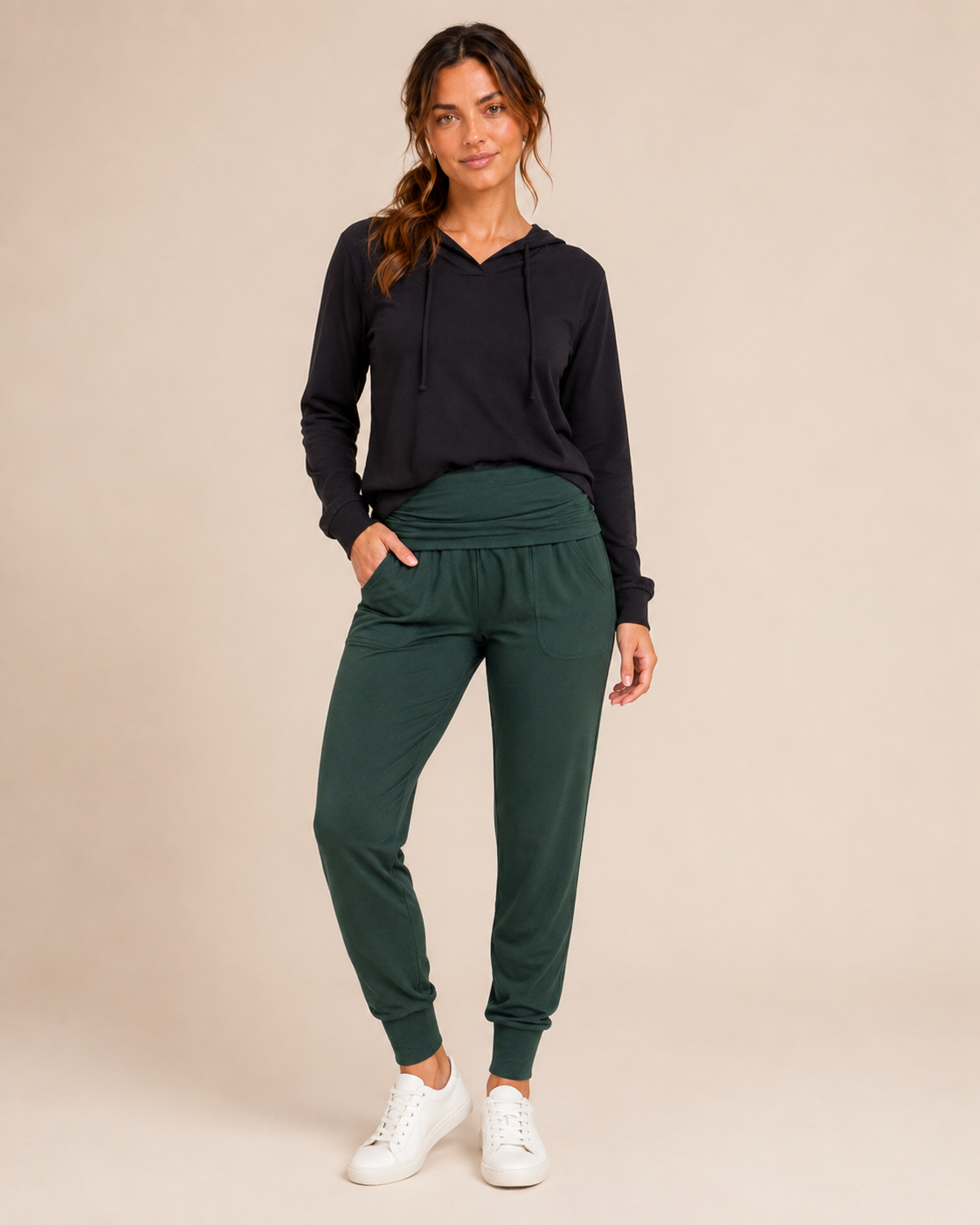 Live-In Foldover Waist Loggers in Hunter Green