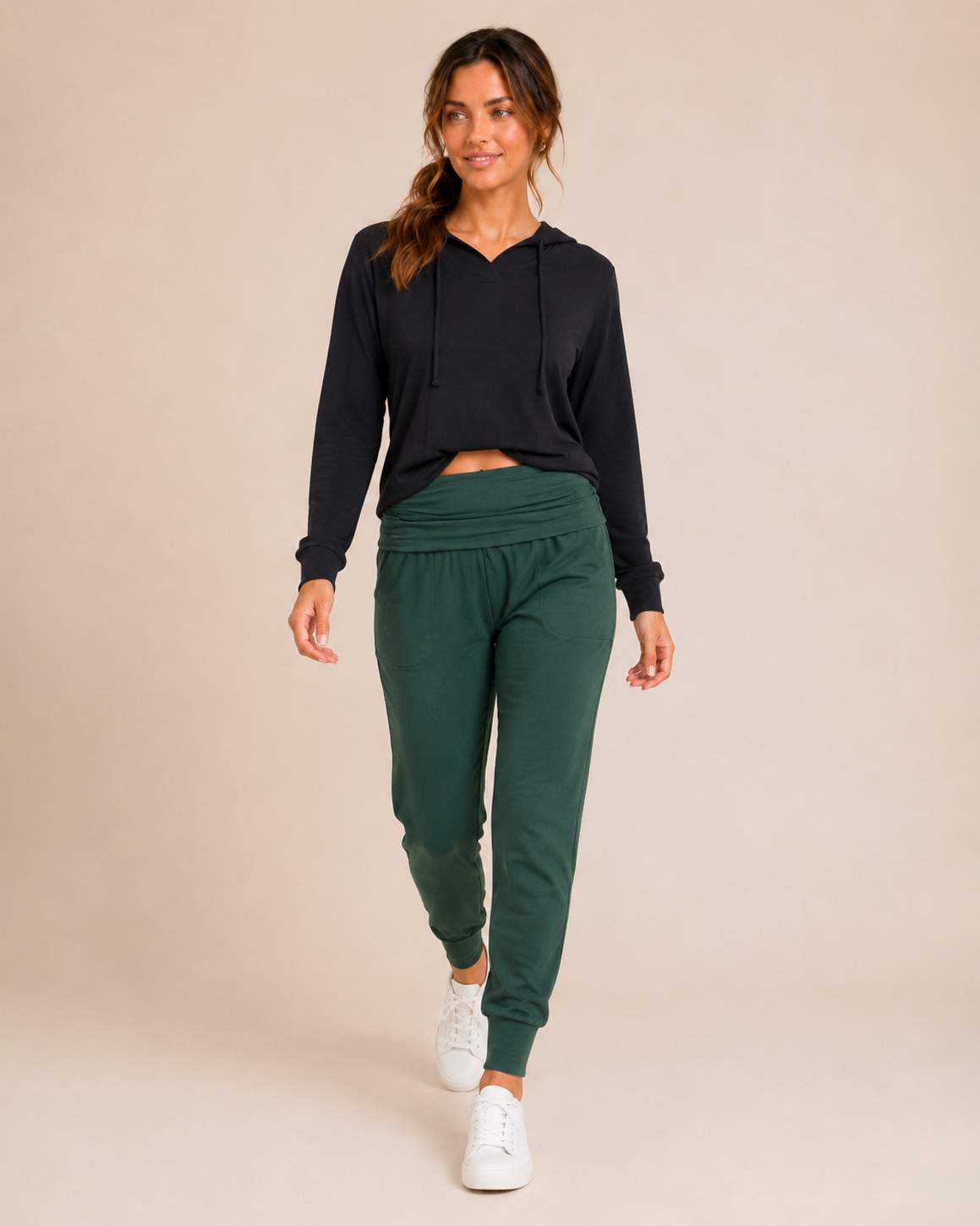 Live-In Foldover Waist Loggers in Hunter Green